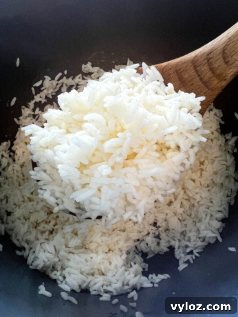 Cajun Ground Beef and Rice 6 Fluffy cooked white rice on a wooden spoon, showcasing its perfect texture.