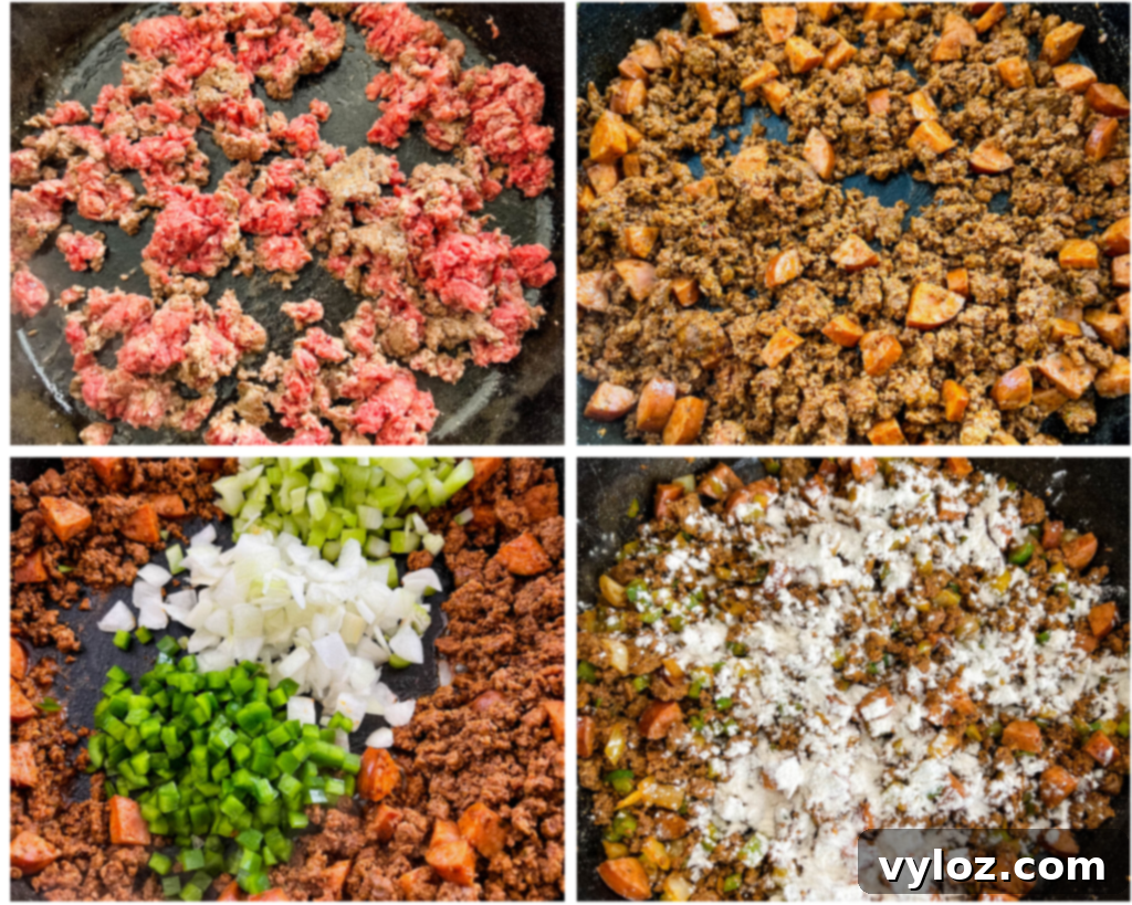 Cajun Ground Beef and Rice 8 A collage of four photos showing the cooking process of dirty rice: browning ground beef, adding sausage, sautéing vegetables, and combining with spices in a skillet.