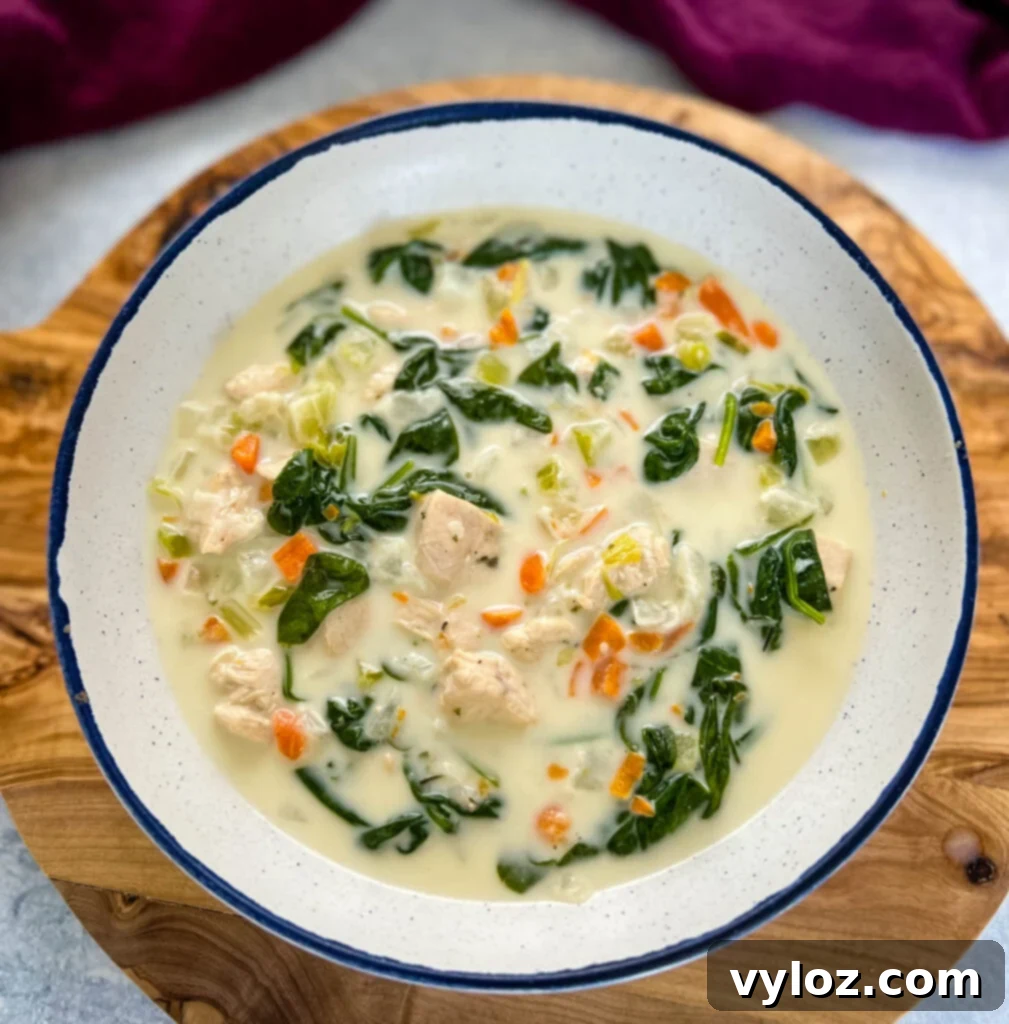 A bowl of Creamy Chicken Florentine Soup, garnished with fresh spinach.