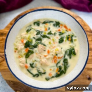 A bowl of Creamy Chicken Florentine Soup with spinach.