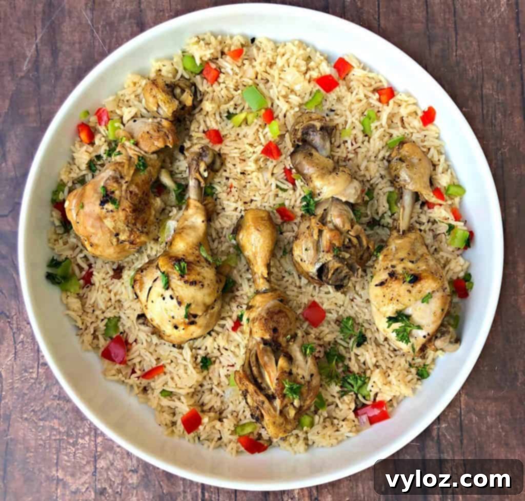 Instant Pot Arroz con Pollo Drumsticks 5 Various ingredients for Arroz con Pollo, including chicken drumsticks and chopped vegetables, being prepared and added to an Instant Pot.