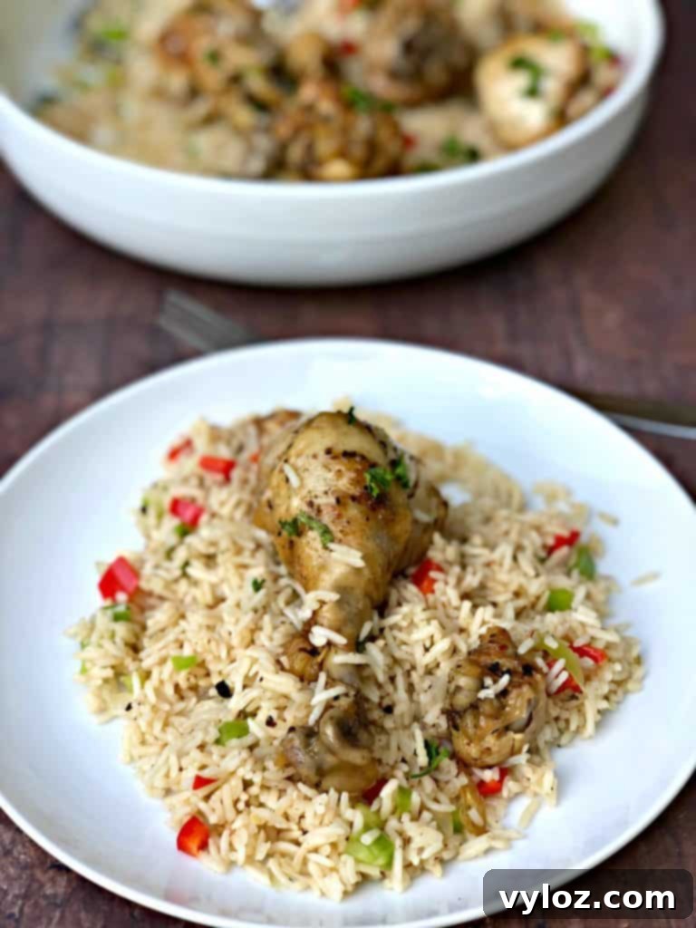 Instant Pot Arroz con Pollo Drumsticks 7 A close-up of a serving of Instant Pot Arroz con Pollo in a white bowl, showcasing the tender chicken drumsticks and fluffy, flavorful rice.