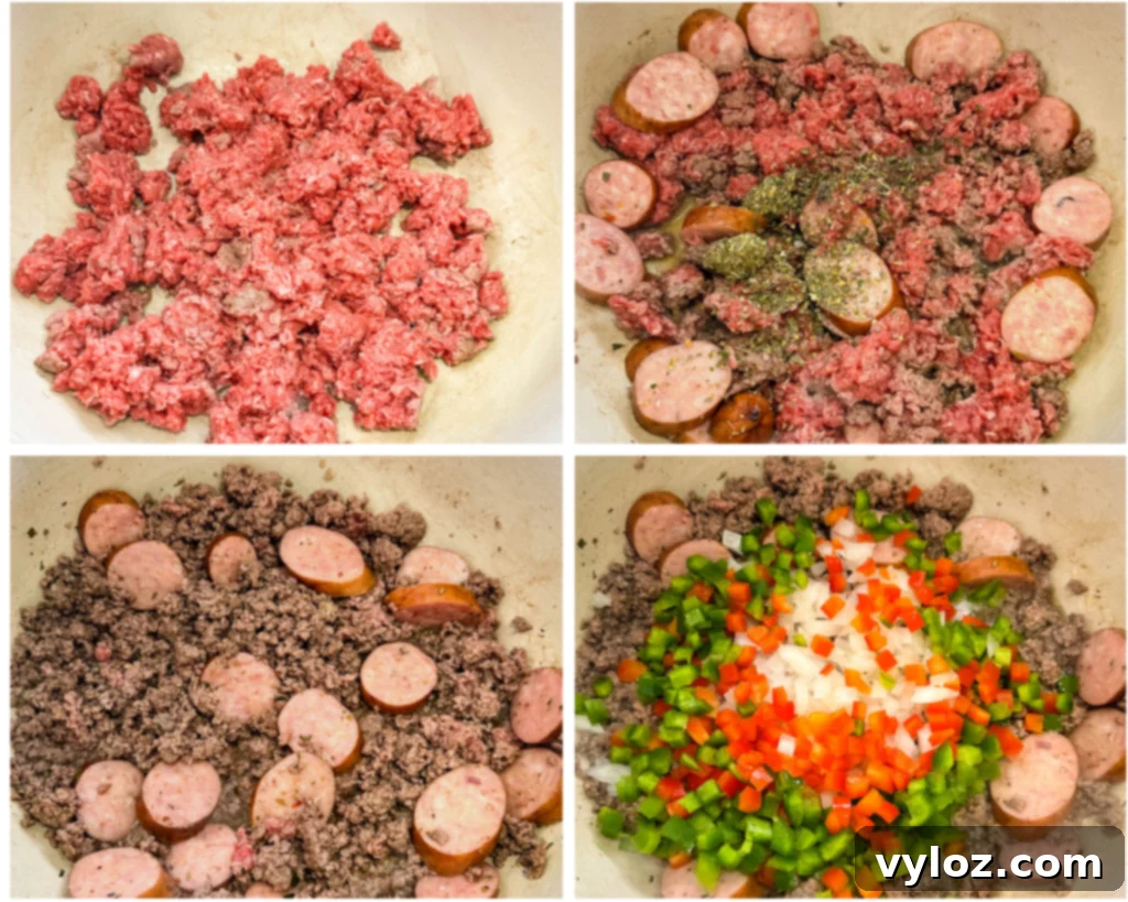 Ultimate Italian Sausage Spaghetti 7 collage of 4 photos with marinara sauce sausage and beef