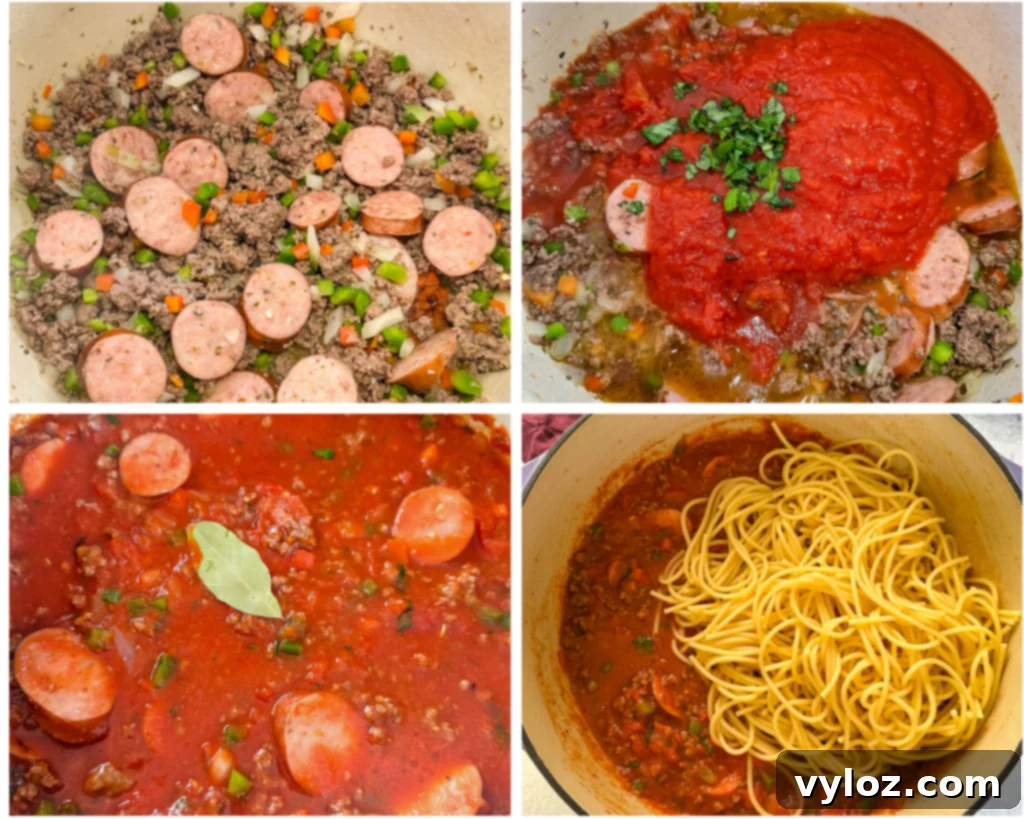 Ultimate Italian Sausage Spaghetti 8 collage of 4 photos with marinara sauce sausage and beef