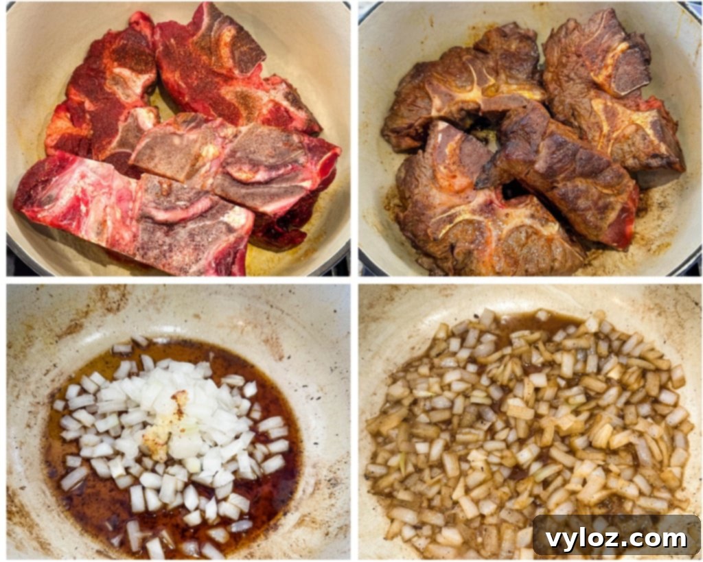 Collage of four photos showing the cooking process: seared neck bones, onions caramelizing, and broth added to the pot.