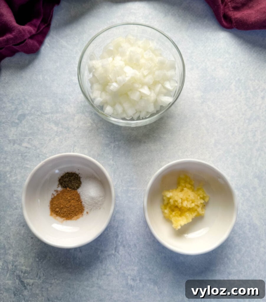 Classic Southern Creamed Spinach, Fresh or Frozen 4 onions, garlic, and spices in separate bowls