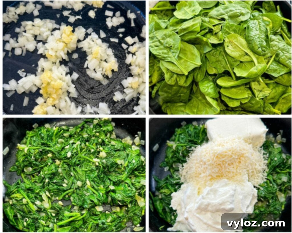 Classic Southern Creamed Spinach, Fresh or Frozen 6 collage of 4 photos with fresh spinach, onions, cream cheese, Parmesan, and greek yogurt in a pan
