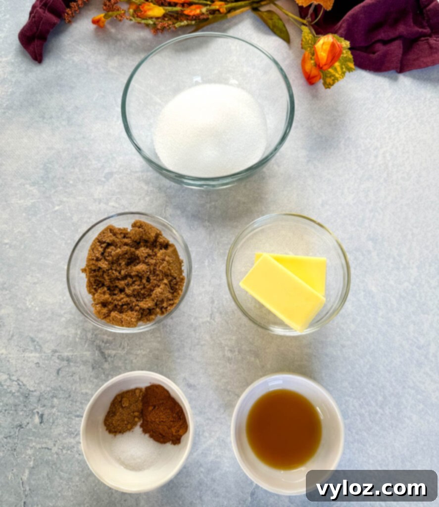 Sticky Sweet Slow Cooker Sweet Potatoes 4 white sugar, brown sugar, butter, cinnamon, nutmeg, cloves, and vanilla in separate bowls