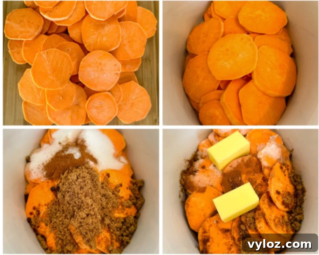 Sticky Sweet Slow Cooker Sweet Potatoes 5 collage of 4 photos with sliced sweet potatoes and spices in a Crockpot slow cooker