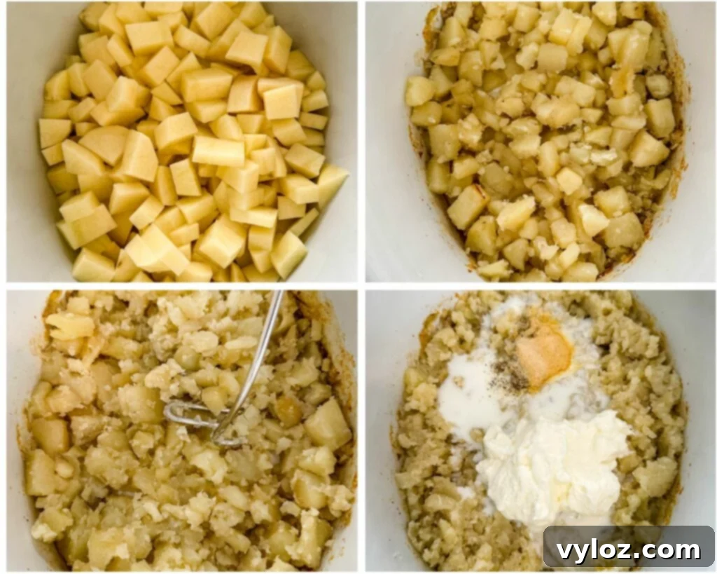 A four-panel collage showing the process of making mashed potatoes in a slow cooker: diced potatoes with broth, cooked tender potatoes, mashing with a potato masher, and the final creamy mashed potatoes.