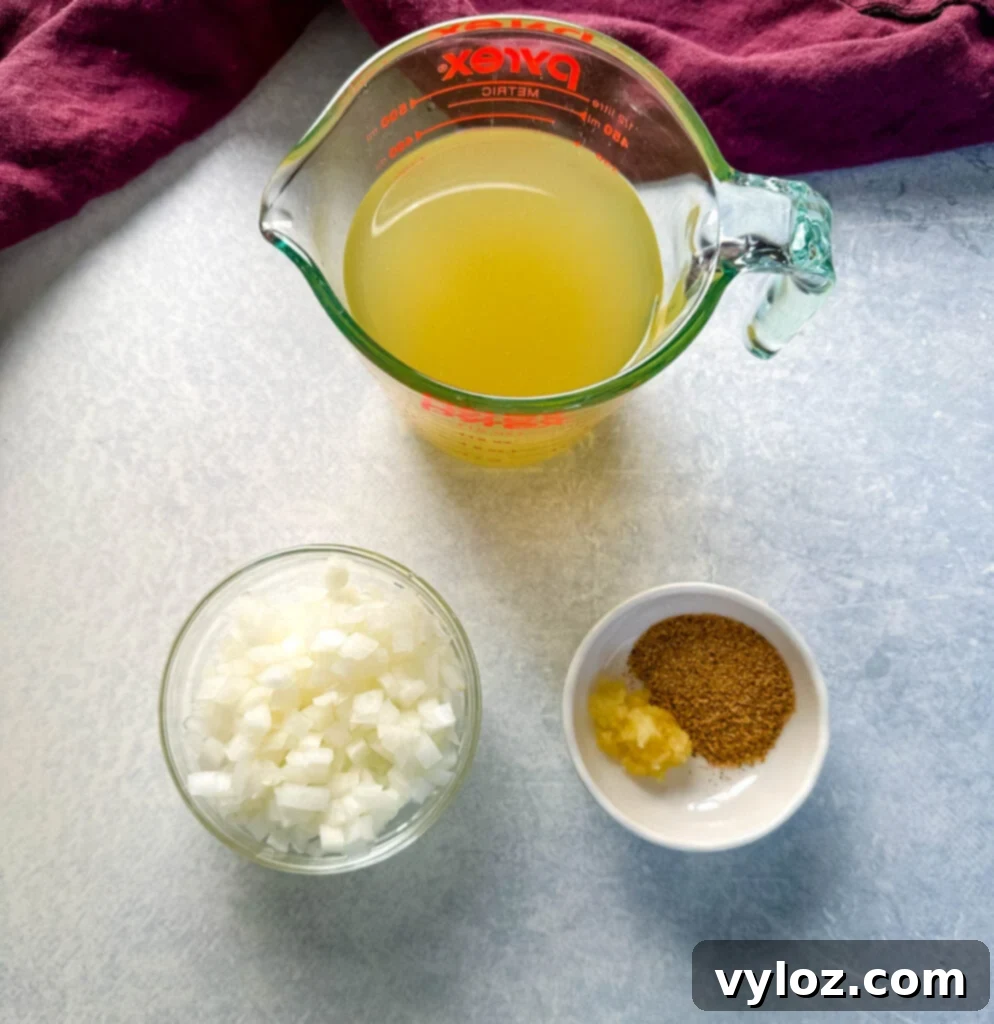 broth, onions, and spices in separate bowls