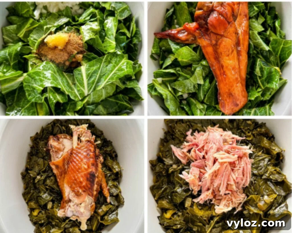 collage of 4 photos of collard greens in a Crockpot slow cooker