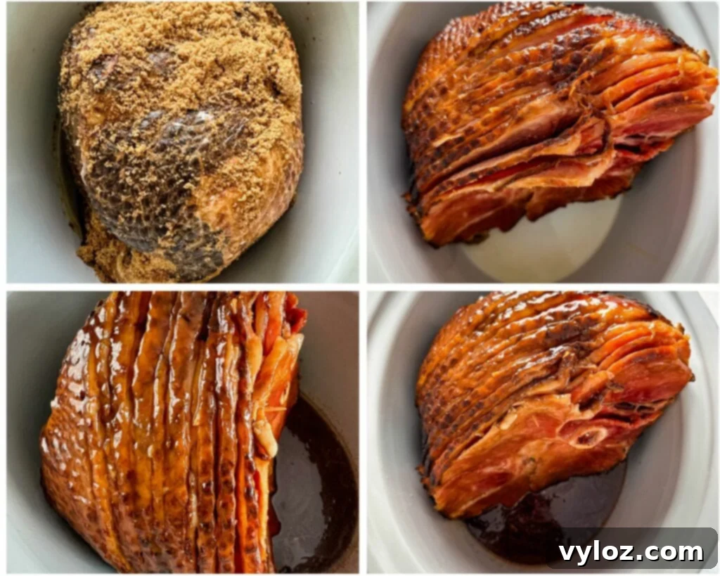 Collage of four sequential photos showing spiral ham, pineapple juice, and brown sugar in a Crockpot slow cooker during preparation