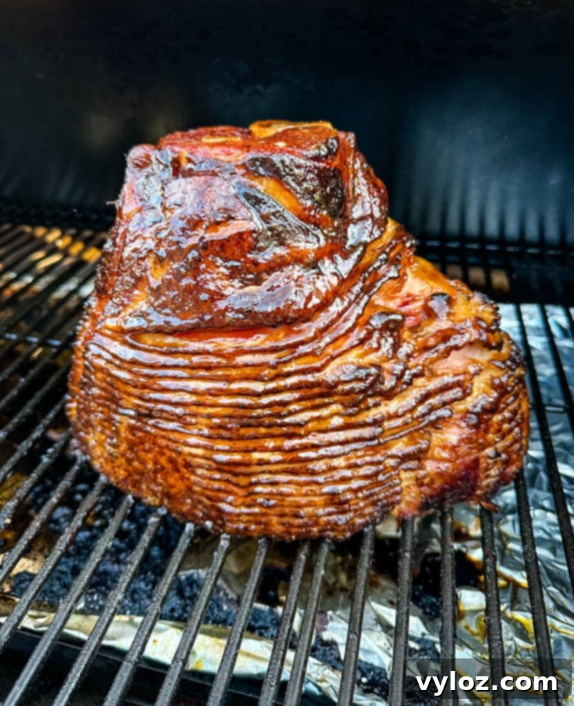 Close-up of a Traeger smoked ham, showing the beautiful exterior texture