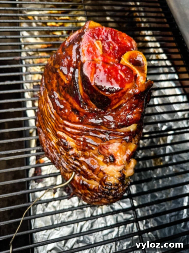 Another angle of a whole ham smoking on a Traeger pellet grill