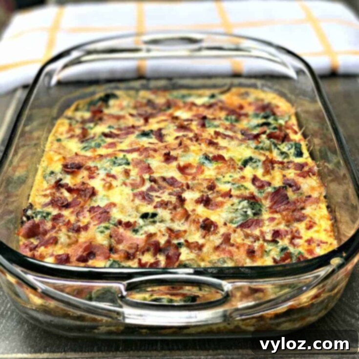 Low Carb Keto Bacon Egg and Spinach Breakfast Casserole with Cheese