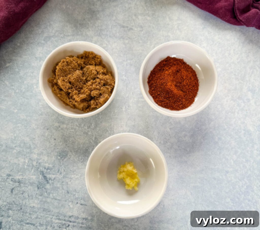 brown sugar, chili powder, and garlic in separate bowls