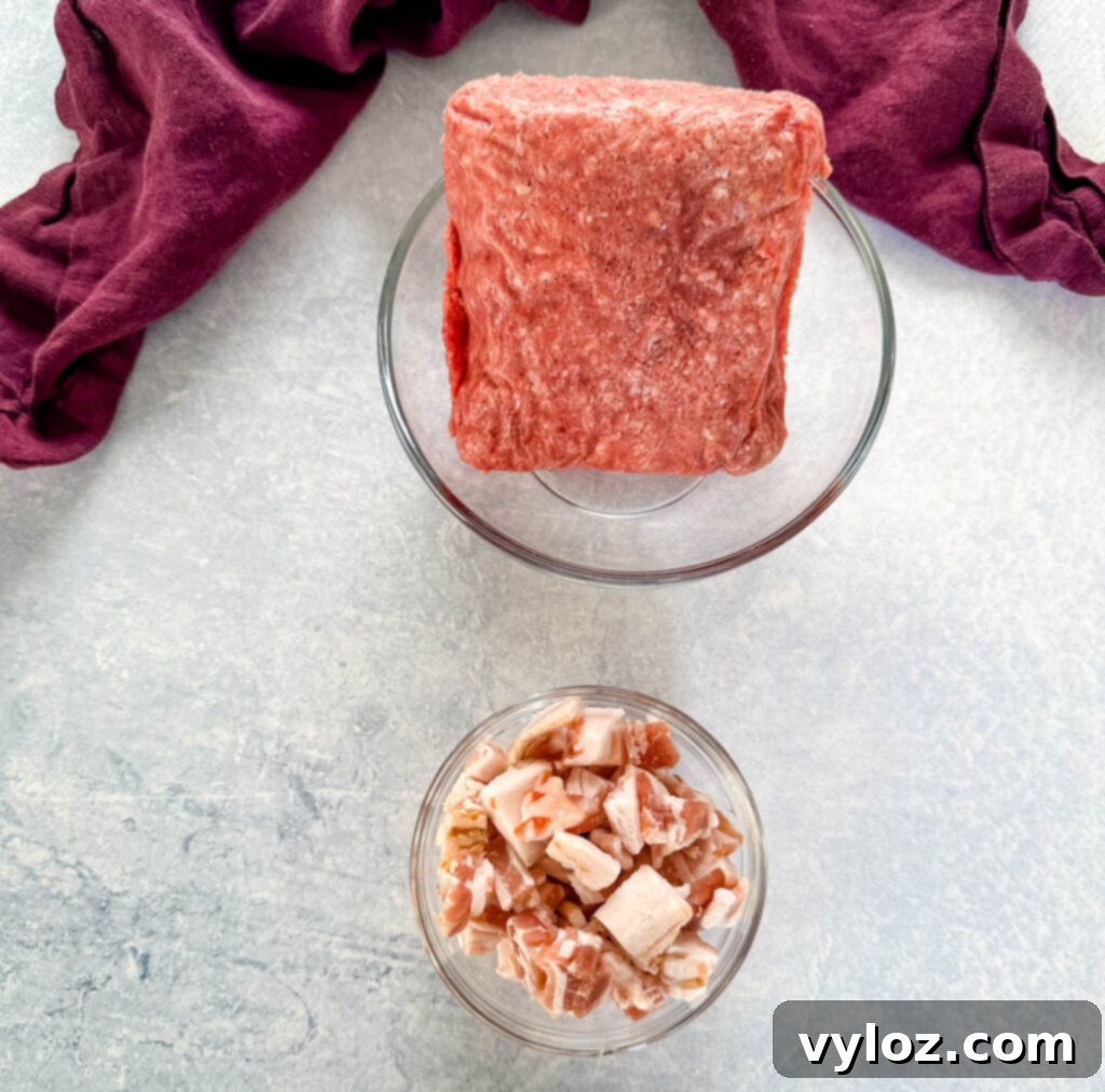 ground beef and bacon in different bowls