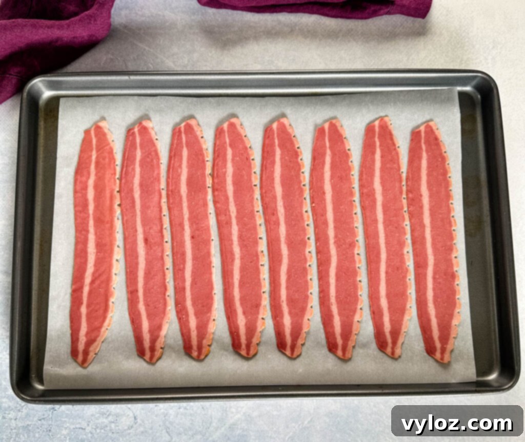 uncooked turkey bacon on a sheet pan with parchment paper