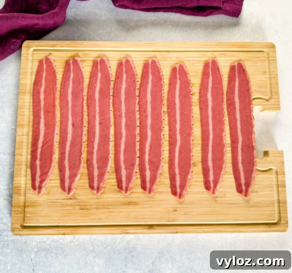 Raw, uncooked turkey bacon strips laid out on a clean cutting board, ready for air frying.