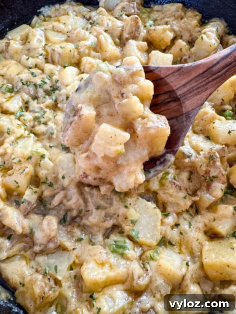 Savory Slow-Cooked Potatoes and Onions 2 Smothered potatoes with onions, peppers, and gravy in a cast iron skillet, golden brown and bubbling
