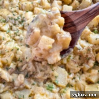 Savory Slow-Cooked Potatoes and Onions 14 Smothered potatoes with onions, peppers, and gravy in a cast iron skillet, appetizingly plated