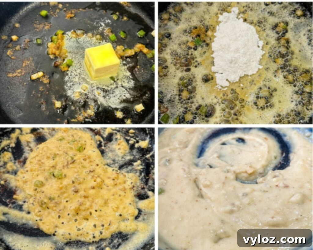 Savory Slow-Cooked Potatoes and Onions 9 Collage of 4 photos showing the process of making homemade gravy, starting with butter and flour in a skillet