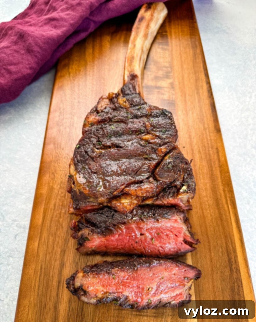sliced medium or medium rare tomahawk steak on a platter