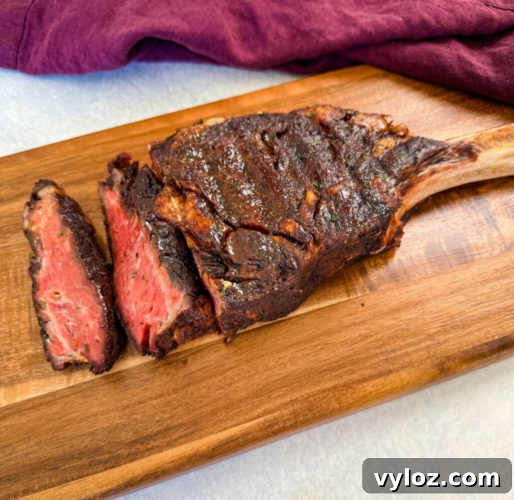 sliced medium or medium rare tomahawk steak on a platter