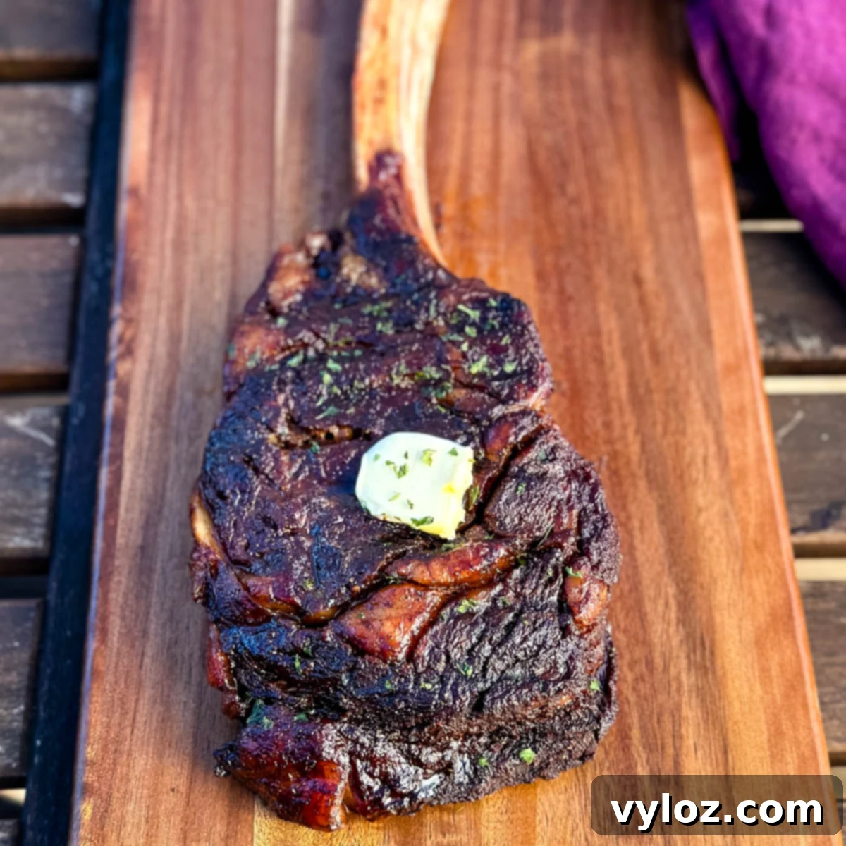 smoked tomahawk steak with butter on a platter