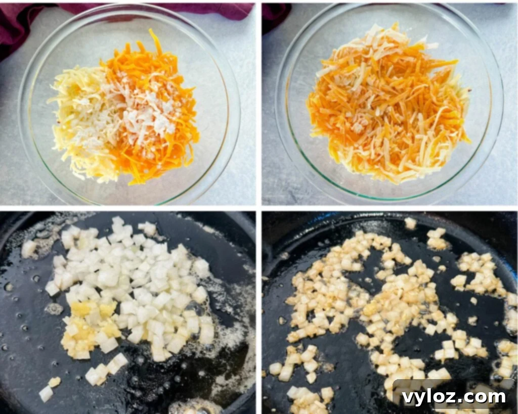 Collage of four photos showing shredded cheese mixed with cornstarch, and cooking onions and garlic in a skillet