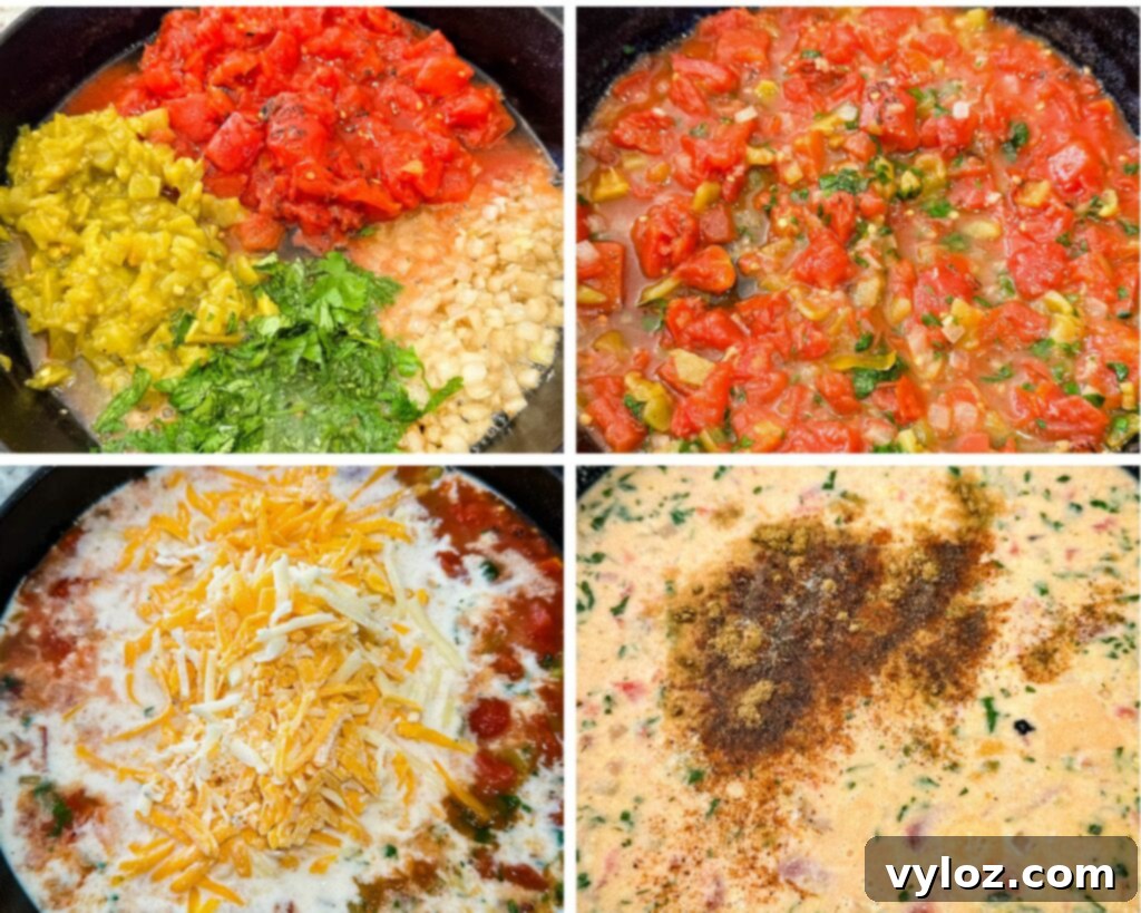 Collage of four photos showing melted cheese, chilies, and spices mixed in a cast iron skillet on the stovetop