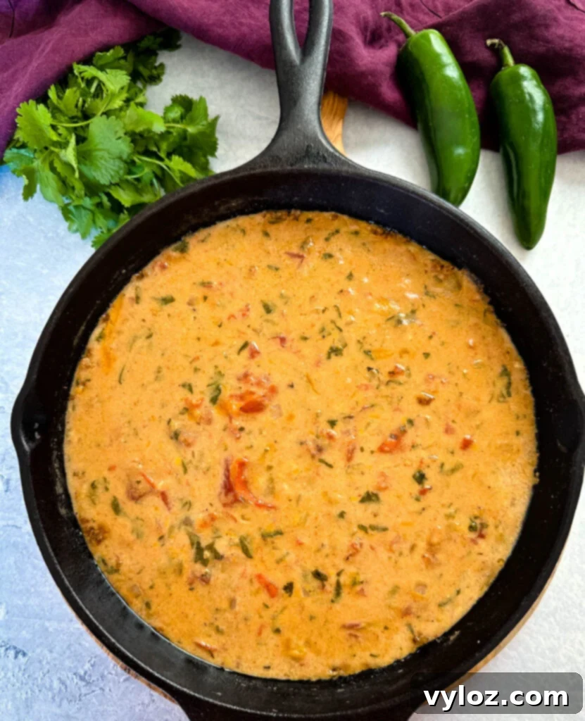 Close-up of bubbling smoked queso cheese dip in a cast iron skillet, garnished with fresh cilantro
