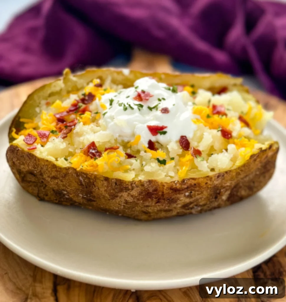 Traeger Smoked Baked Potatoes 2 smoked baked potatoes on a plate loaded with sour cream, cheese, and bacon