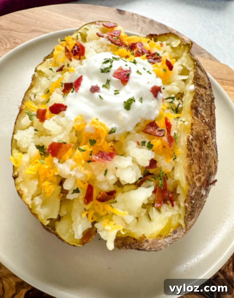 Traeger Smoked Baked Potatoes 6 smoked baked potatoes on a plate loaded with sour cream, cheese, and bacon