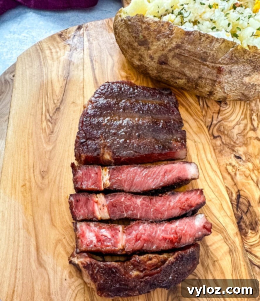 Traeger Wood Fired Ribeye 10 Sliced smoked ribeye steak on a cutting board, served alongside a perfectly smoked baked potato, illustrating a complete meal.