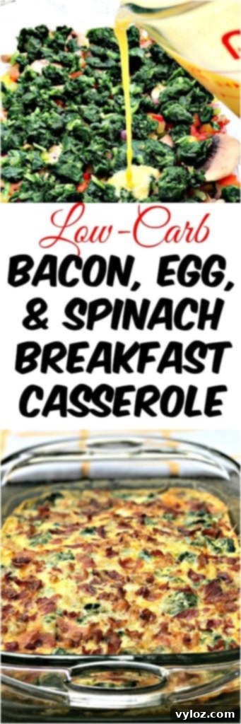 Low-carb bacon, egg, and spinach breakfast casserole Pin graphic for Pinterest