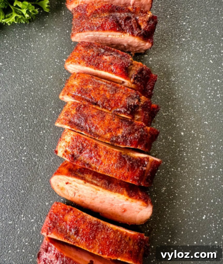 sliced smoked pork tenderloin on a flat surface, showing juicy interior and smoke ring