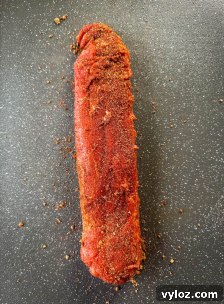 seasoned pork tenderloin on a flat surface, covered in a vibrant BBQ rub