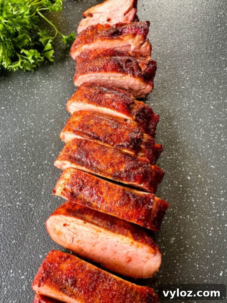 sliced smoked pork tenderloin on a flat surface with a variety of side dishes
