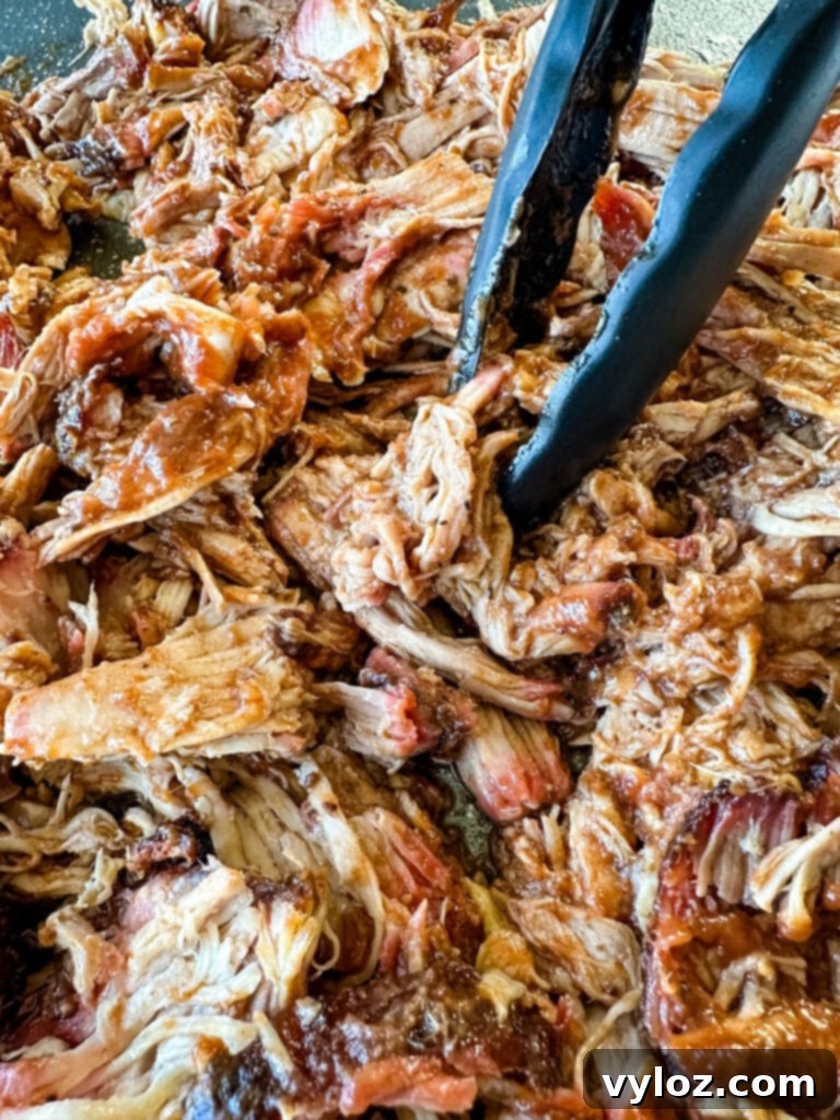 smoked pulled pork drizzled in BBQ sauce on a plate