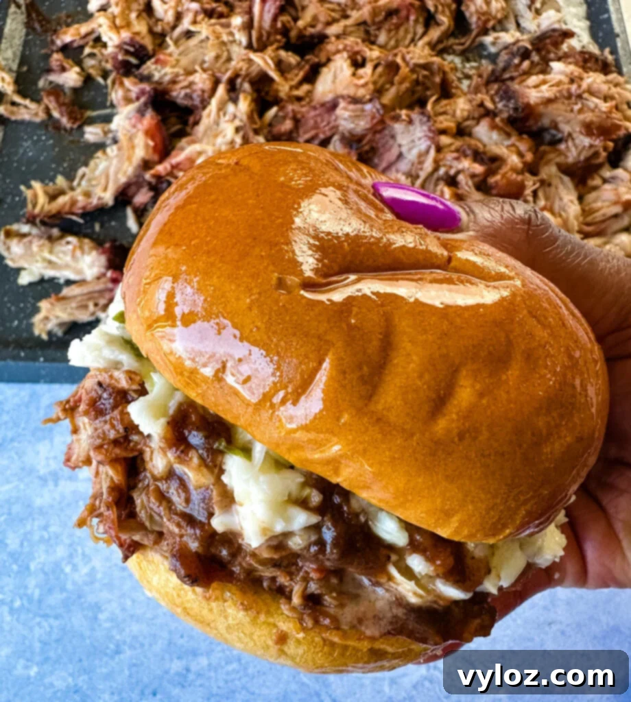 person holding smoked pulled pork sandwich