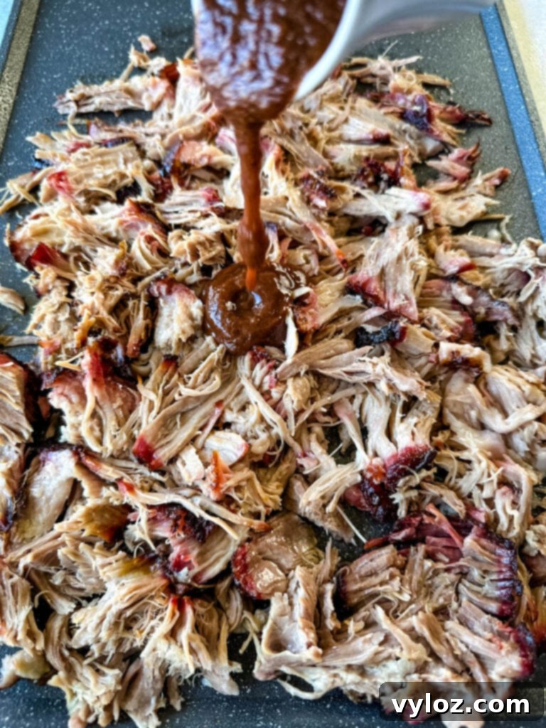 smoked pulled pork drizzled in BBQ sauce on a plate