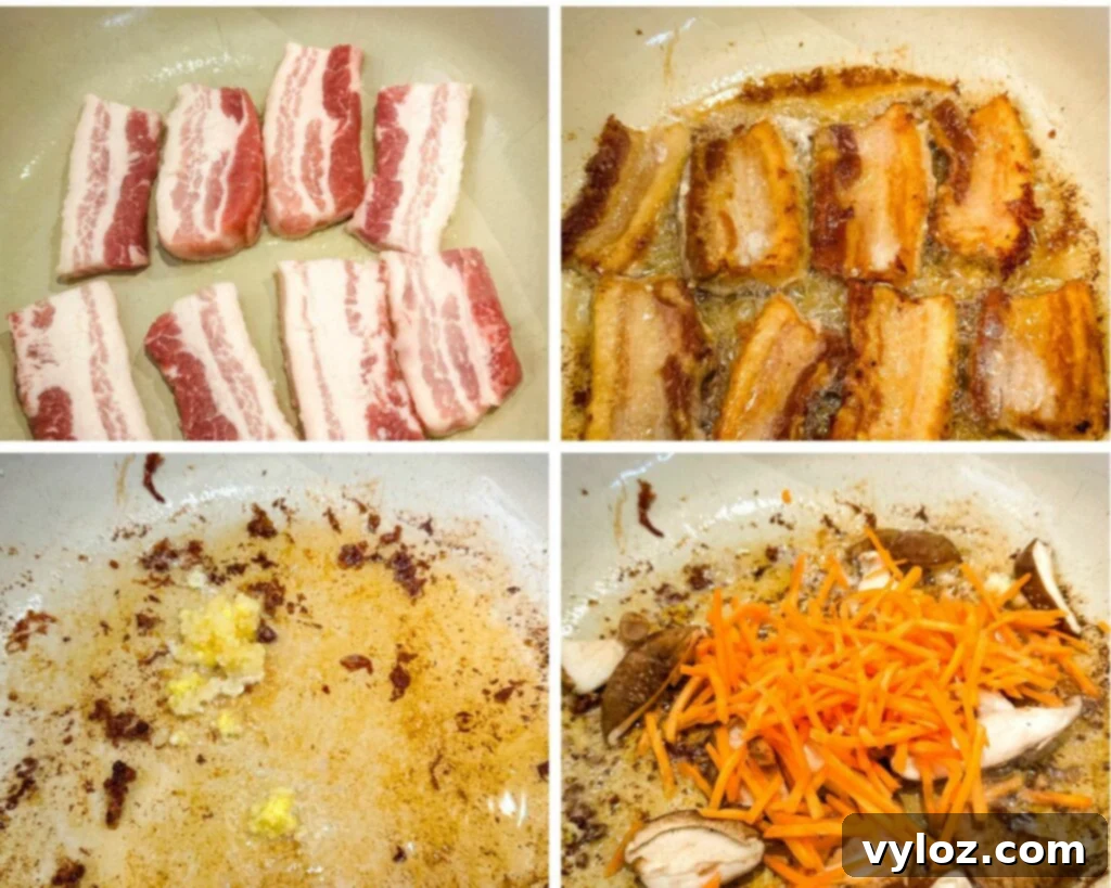 Umami Pork Belly Ramen 7 collage photo of pork belly cooked in a pot along with vegetables