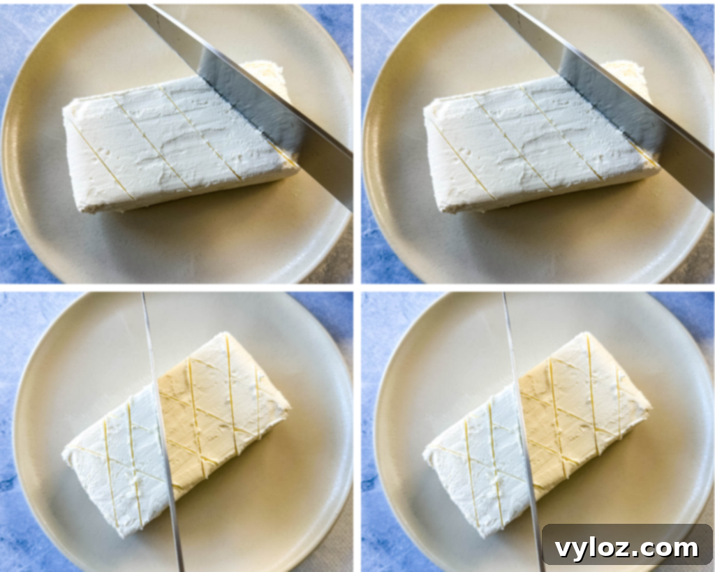 collage photo showing how to score and slice a block of cream cheese to create a diamond pattern