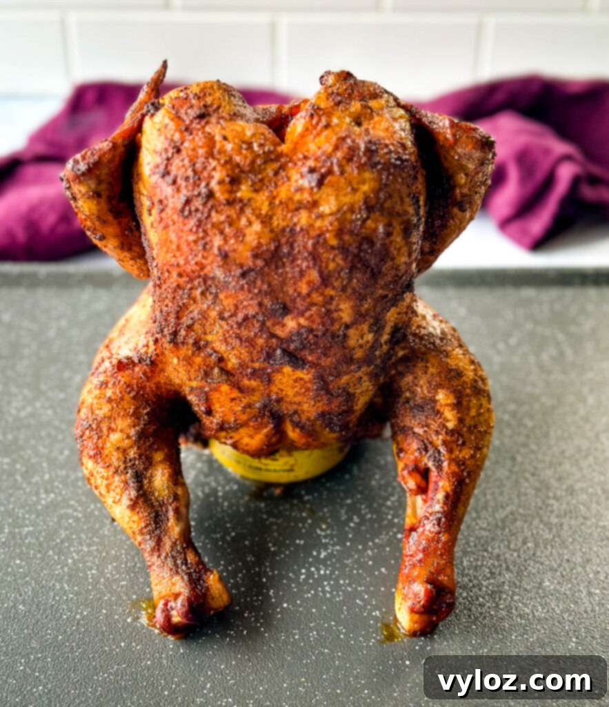 Smoked Beer Can Chicken Perfection 13 cooked, smoked seasoned whole chicken on a beer can