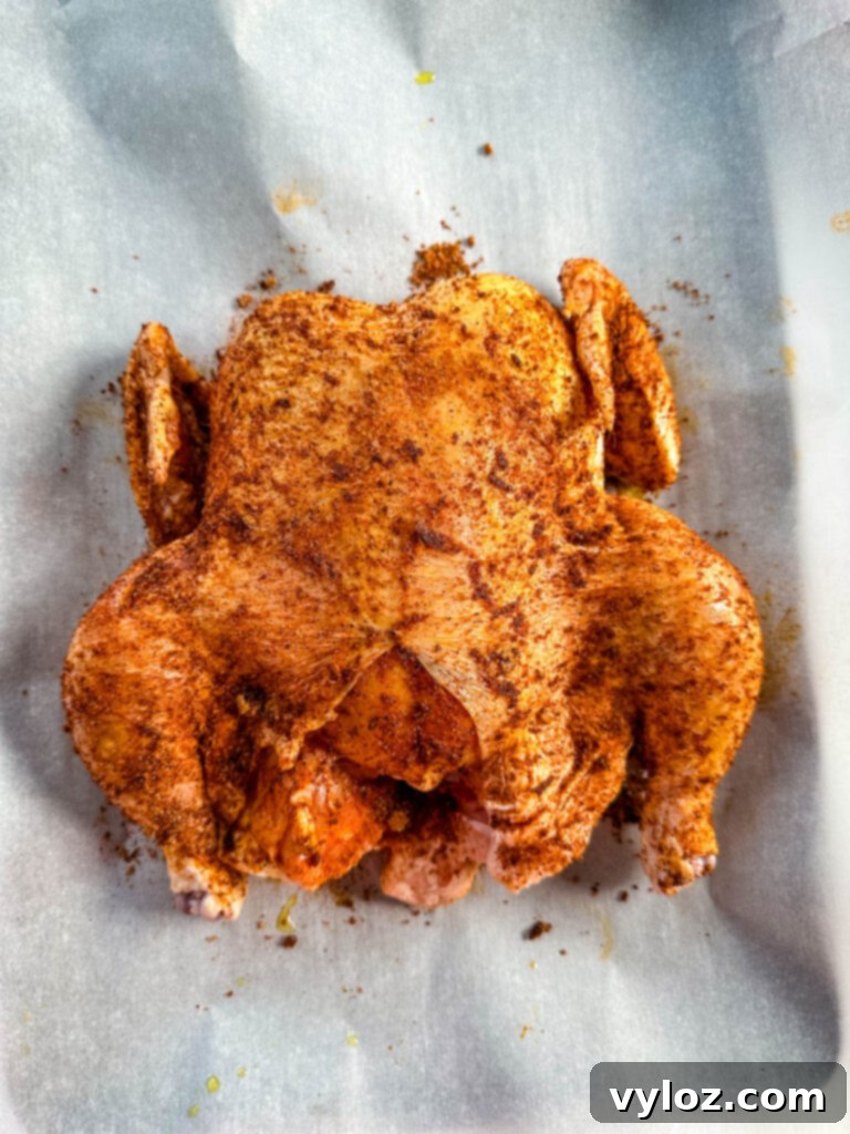 Smoked Beer Can Chicken Perfection 8 raw seasoned whole chicken on parchment paper