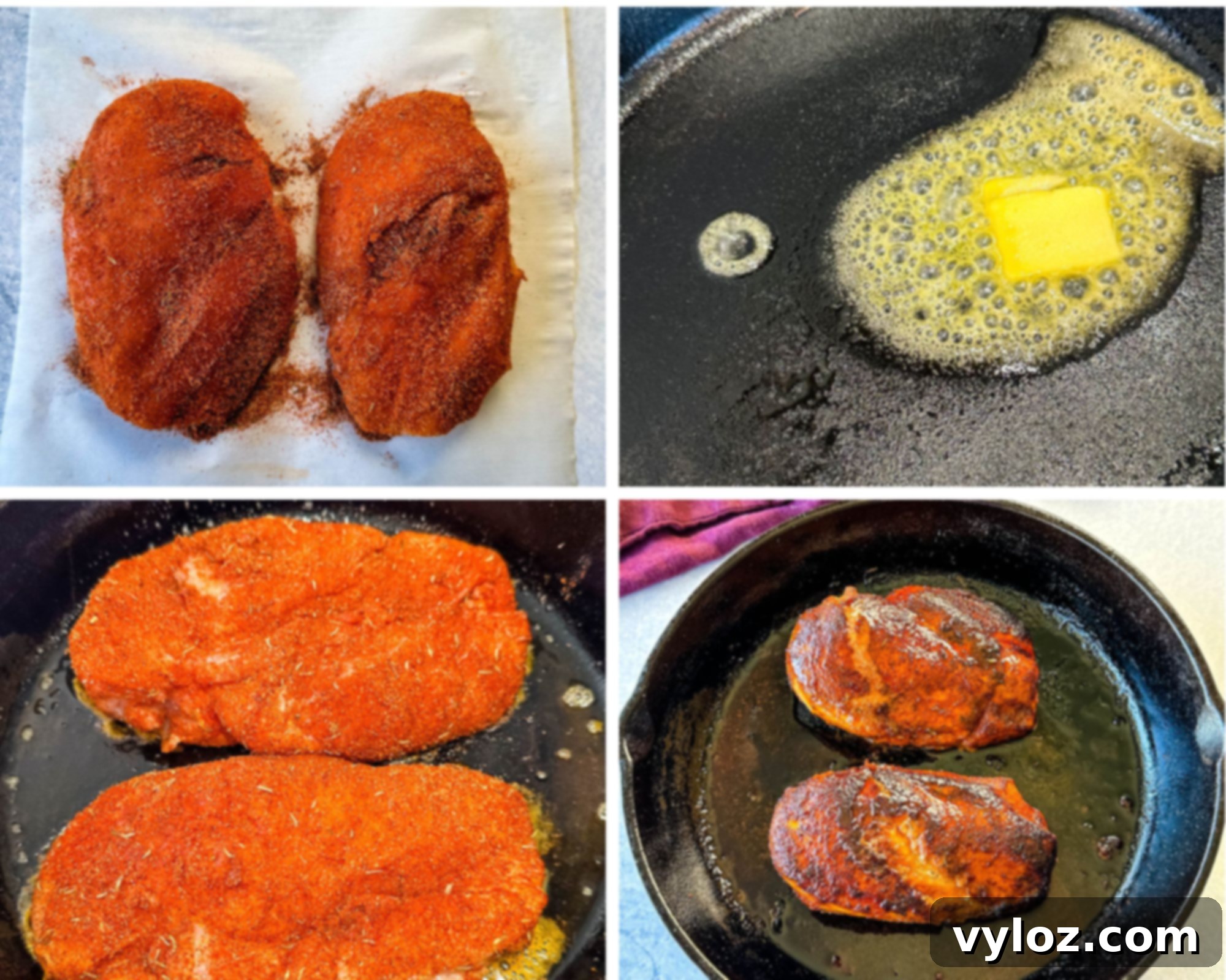 collage of 4 photos with melted butter and blackened seasoned chicken breasts in a cast iron skillet