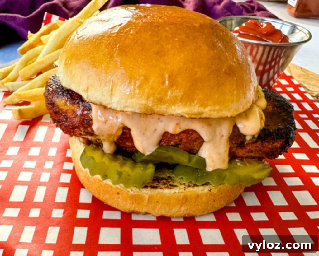 blackened chicken sandwich on a bun with spicy mayo on a plate with fries