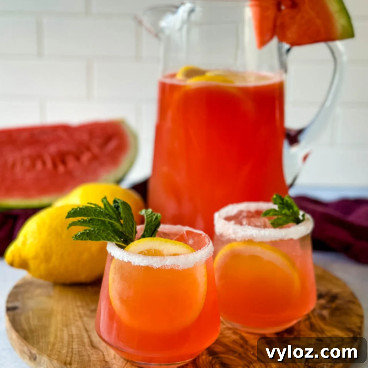 Fresh watermelon lemonade in elegant glasses and a pitcher, beautifully garnished with slices of fresh watermelon and lemons, evoking a sense of cool summer refreshment.